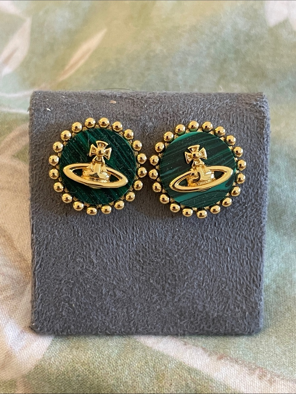 Gold-Trim malachite Disc Logo Stud Earrings